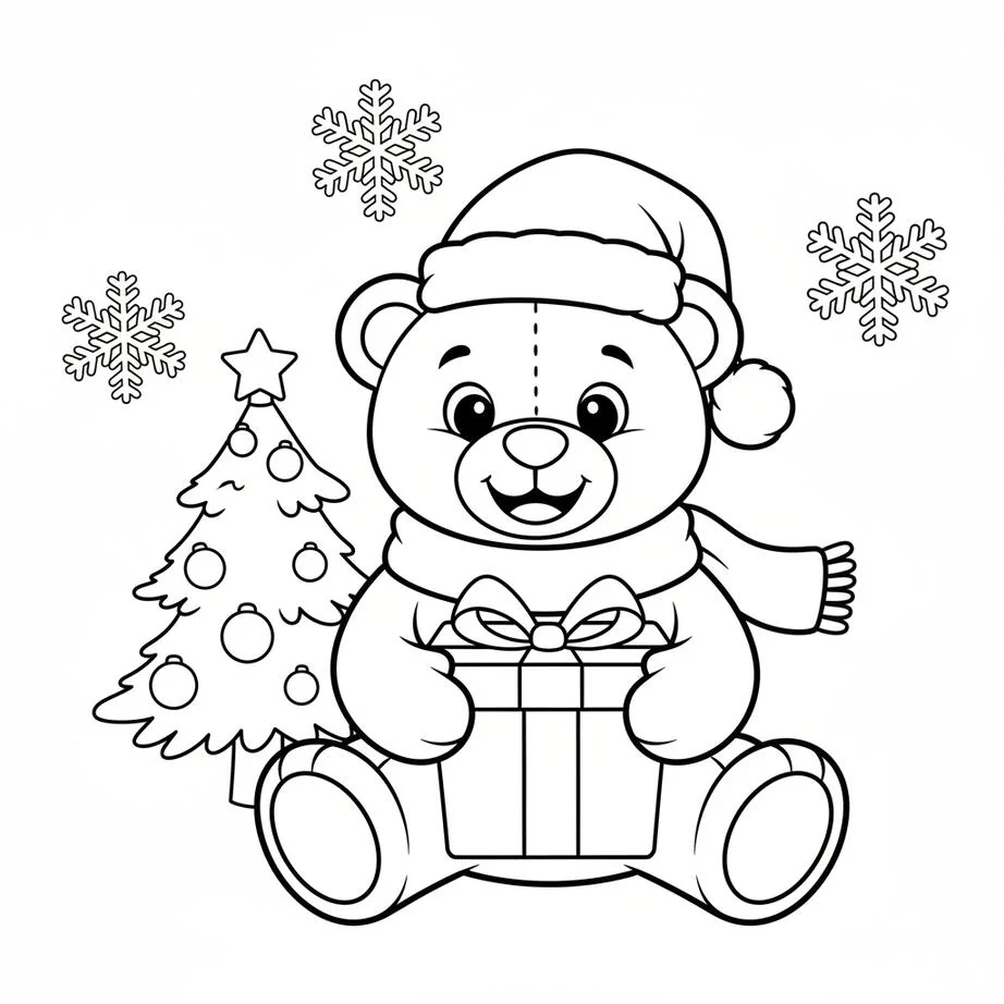 Christmas Teddy Bear with Present Coloring Page