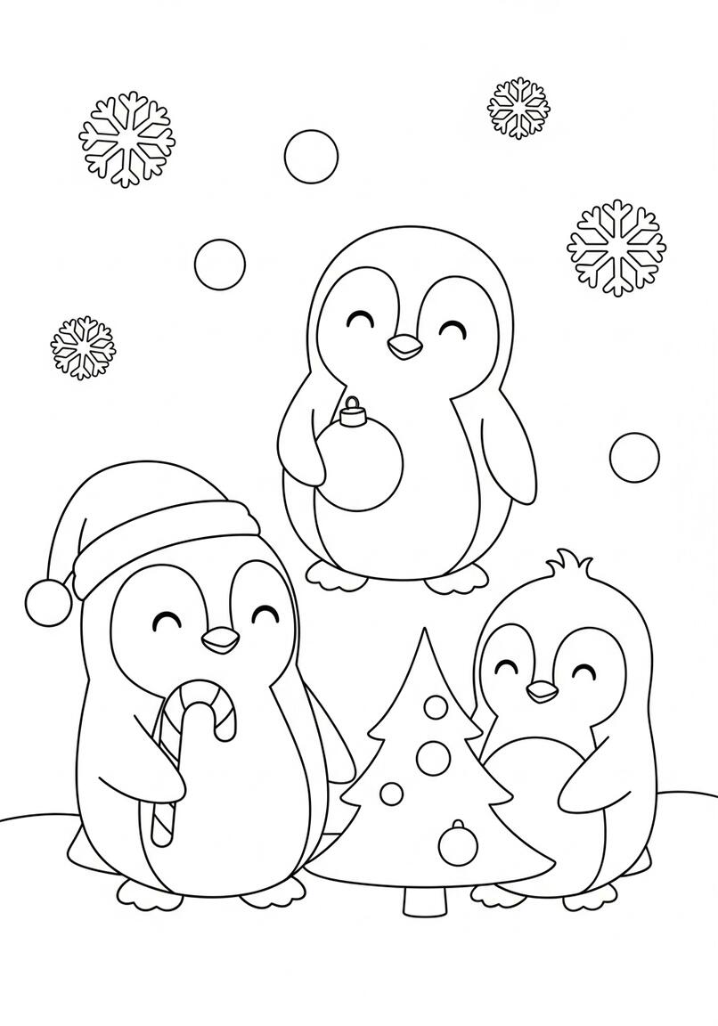 Chunky Penguins Christmas Santa Hat Ornament Coloring Page