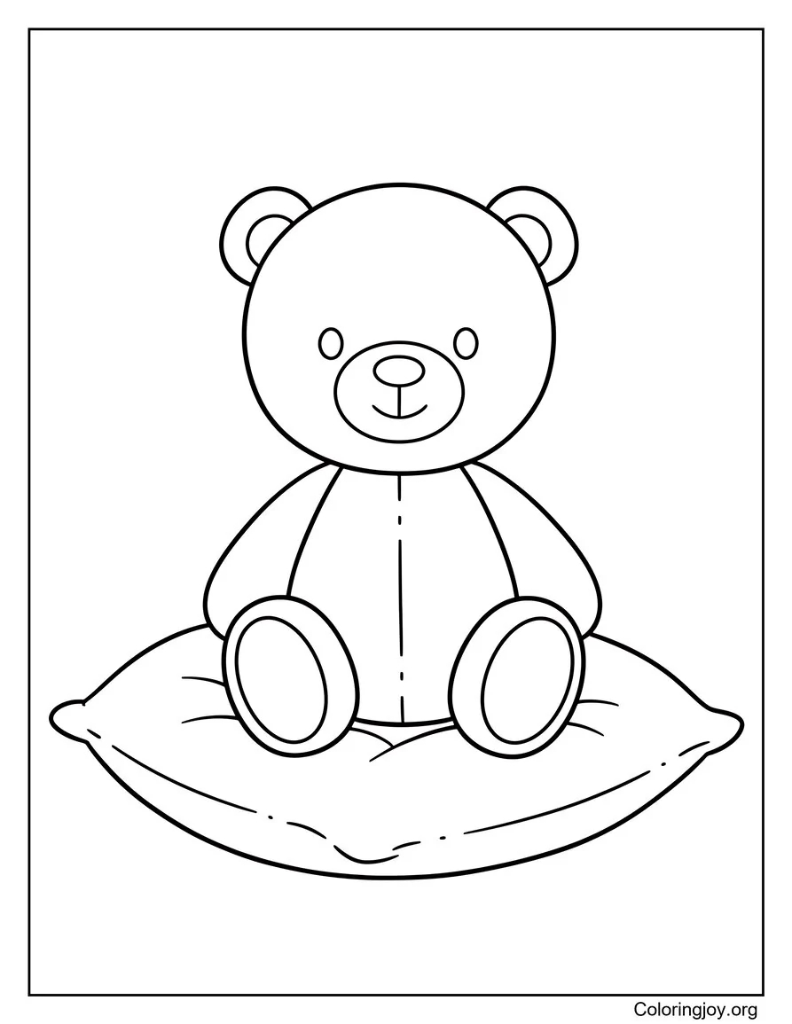 On a soft pillow, a teddy bear sits calmly, ready for coloring.
