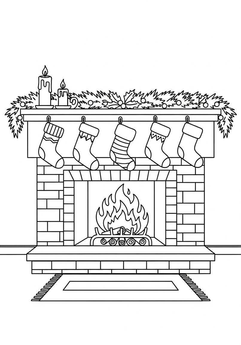 Cozy Christmas Fireplace with Stockings Coloring Page