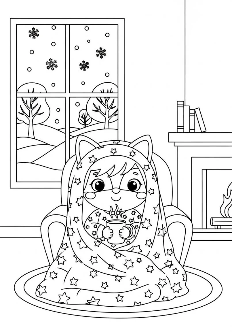 Cozy Fox Cub Winter Scene Coloring Page