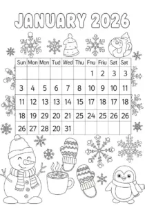 Cozy January 2026 Kids Planner with Snowman and Penguin