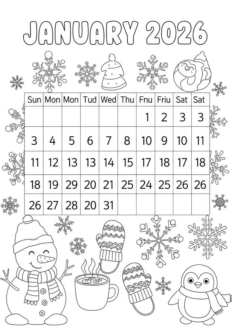 Cozy January 2026 Kids Planner with Snowman and Penguin