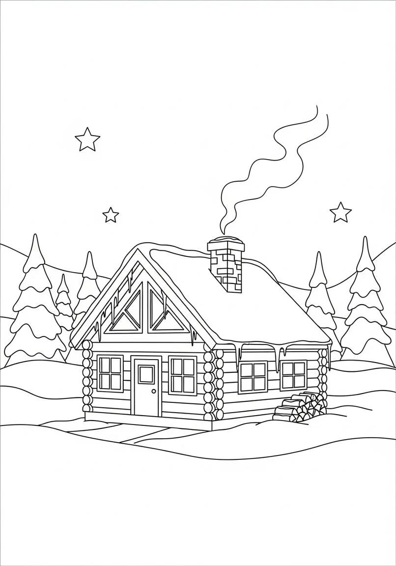 Cozy Winter Cabin in Snow Coloring Page