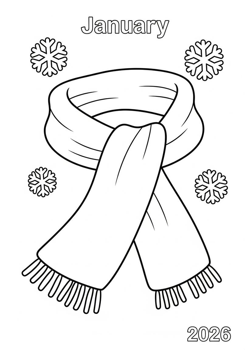 Cozy Winter Scarf and Snowflakes Coloring Page