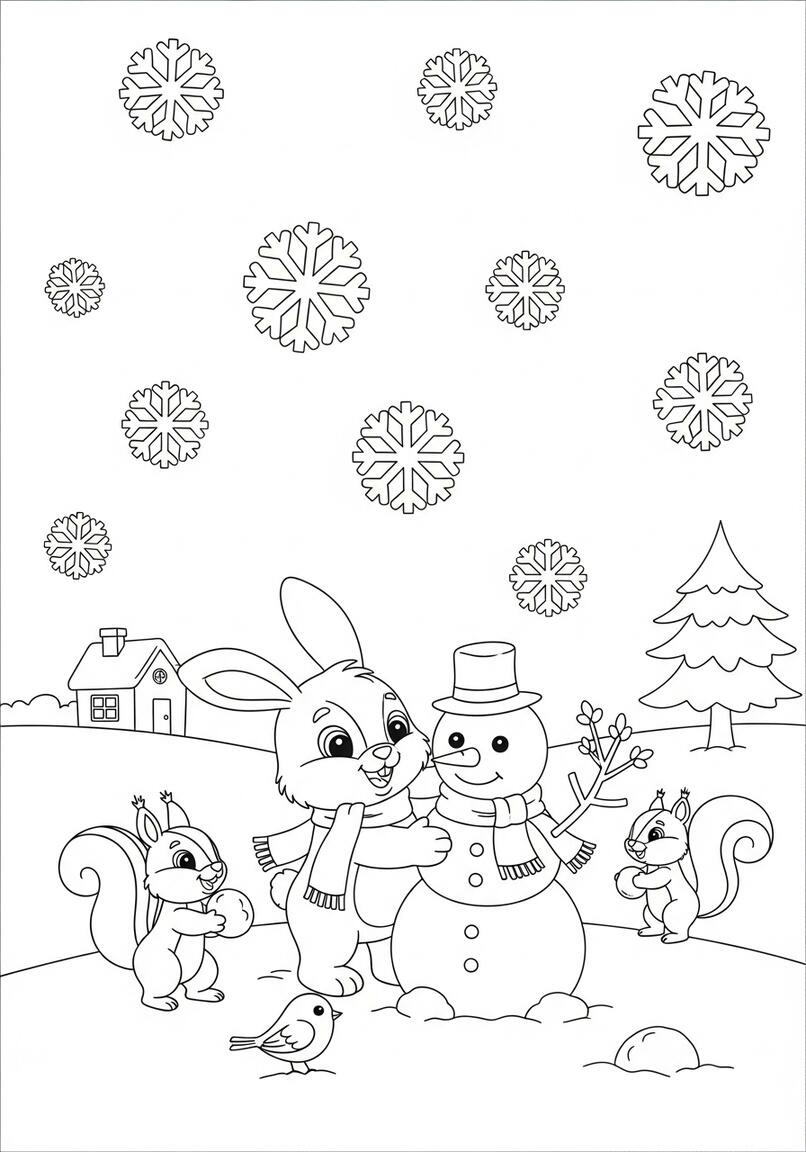 Cute Bunny Building Snowman with Forest Friends Winter Coloring Page