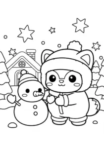 Cute Kawaii Winter Character and Snowman Coloring Page