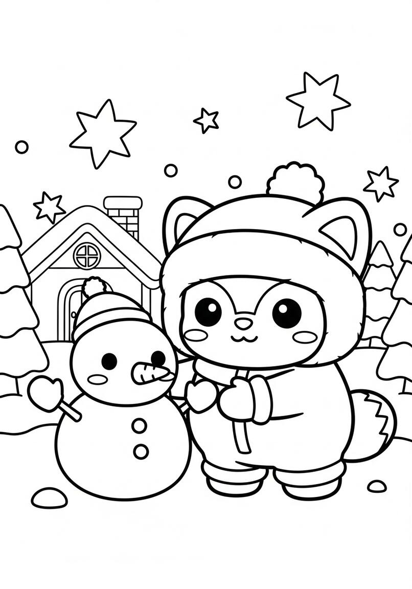 Cute Kawaii Winter Character and Snowman Coloring Page