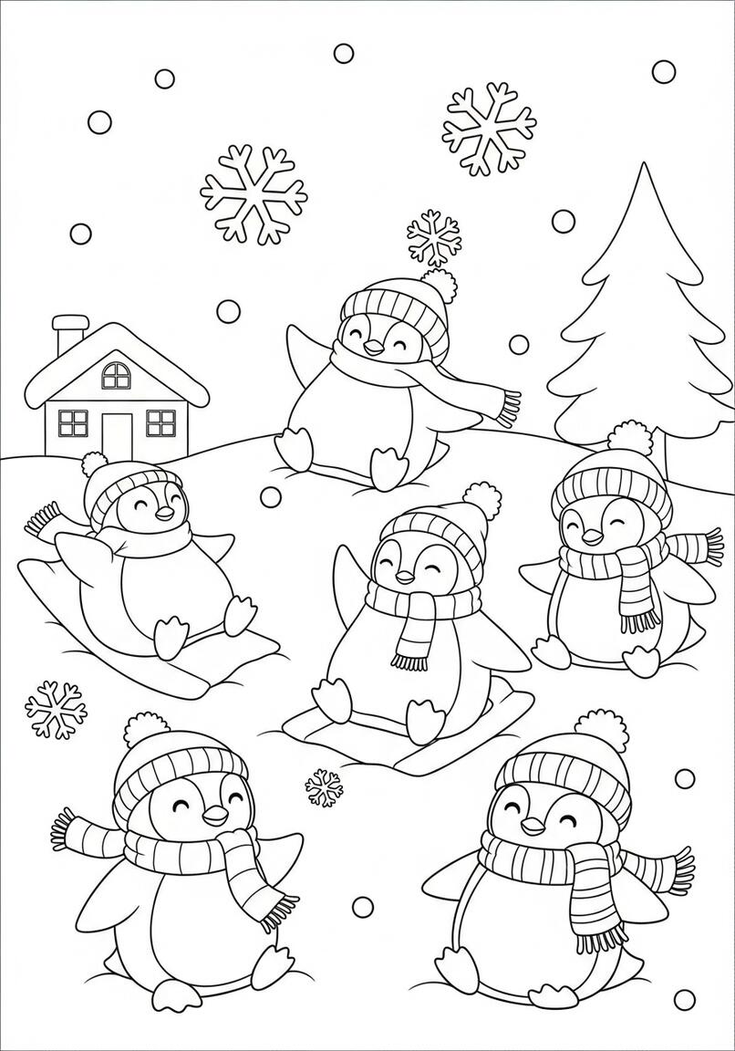 cute penguins on a snow day coloring page