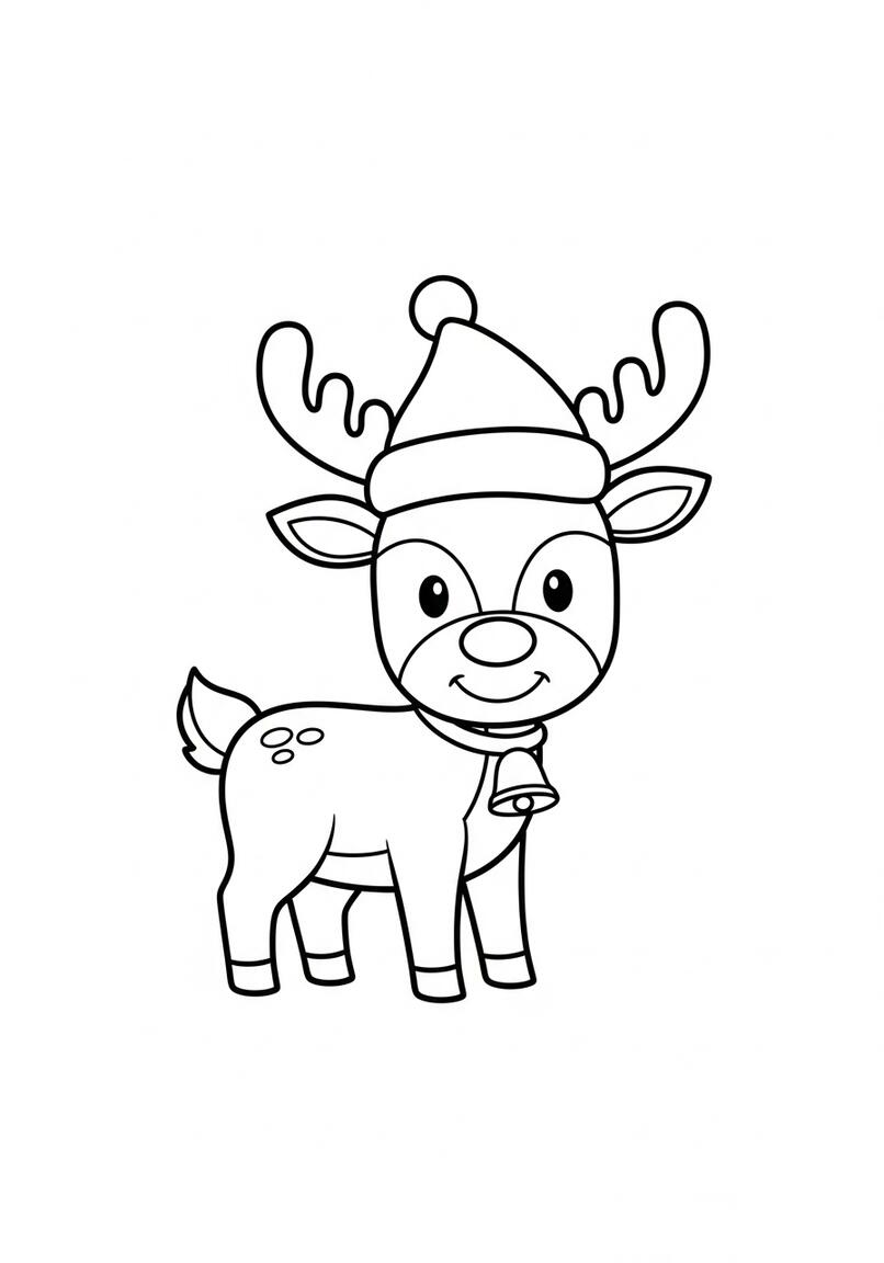 Cute Reindeer with Santa Hat and Bell Coloring Page
