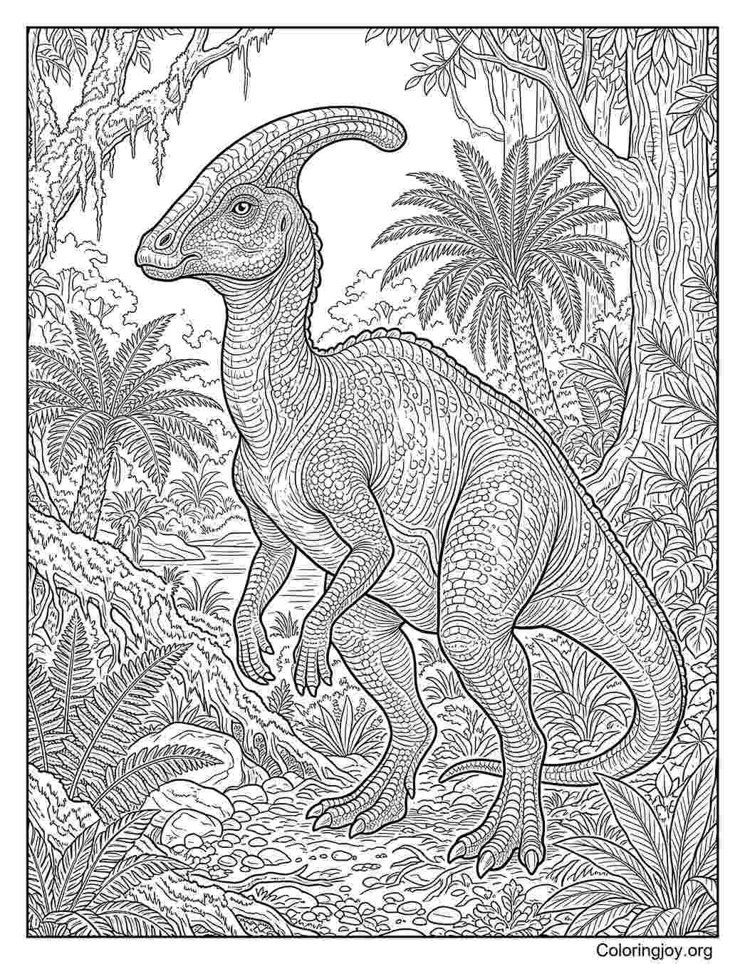 Detailed Parasaurolophus with realistic features and a prehistoric background.
