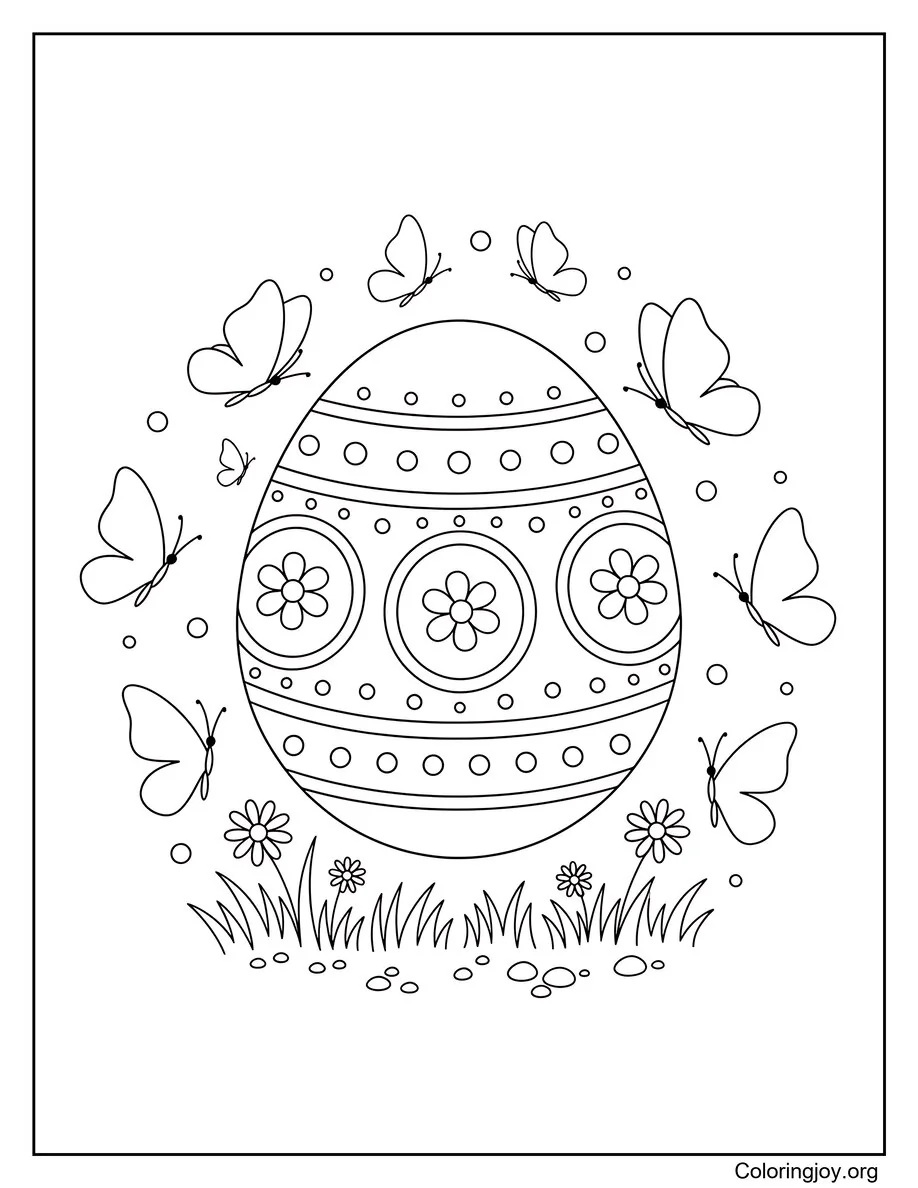 This large decorated egg stands in the grass while butterflies fly nearby.