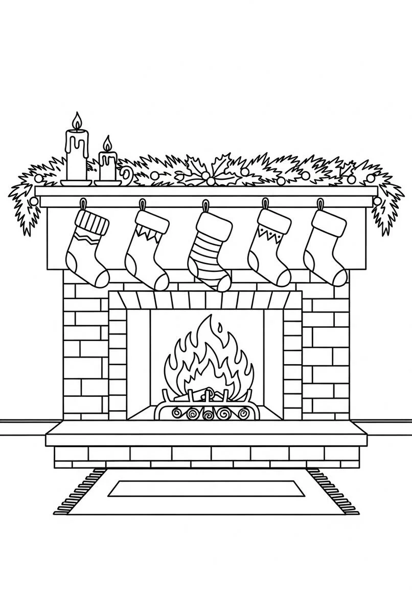 Página para colorear acogedora chimenea navideña con medias