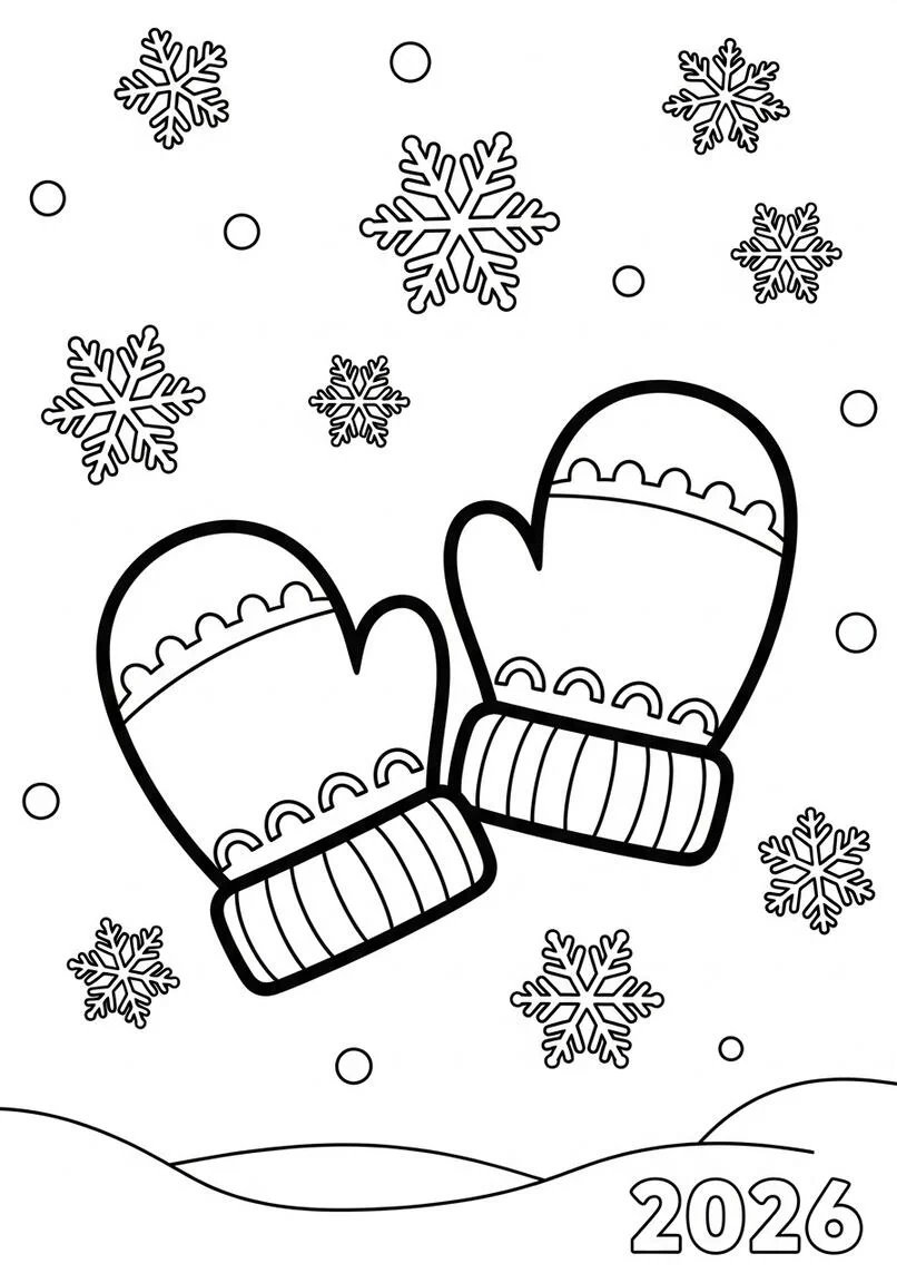 Acogedores guantes de invierno y copos de nieve 2026 Página para colorear