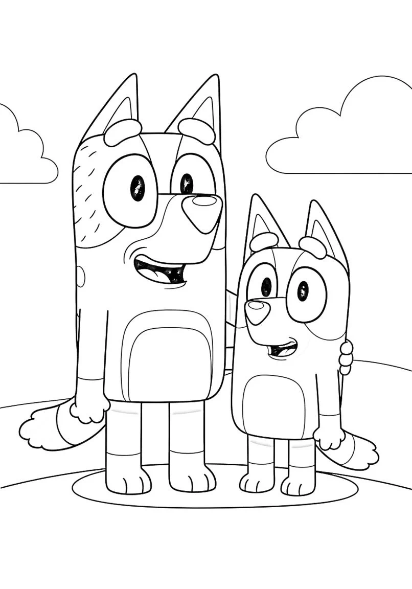 Página para colorear alegre Bluey y Bingo juntos