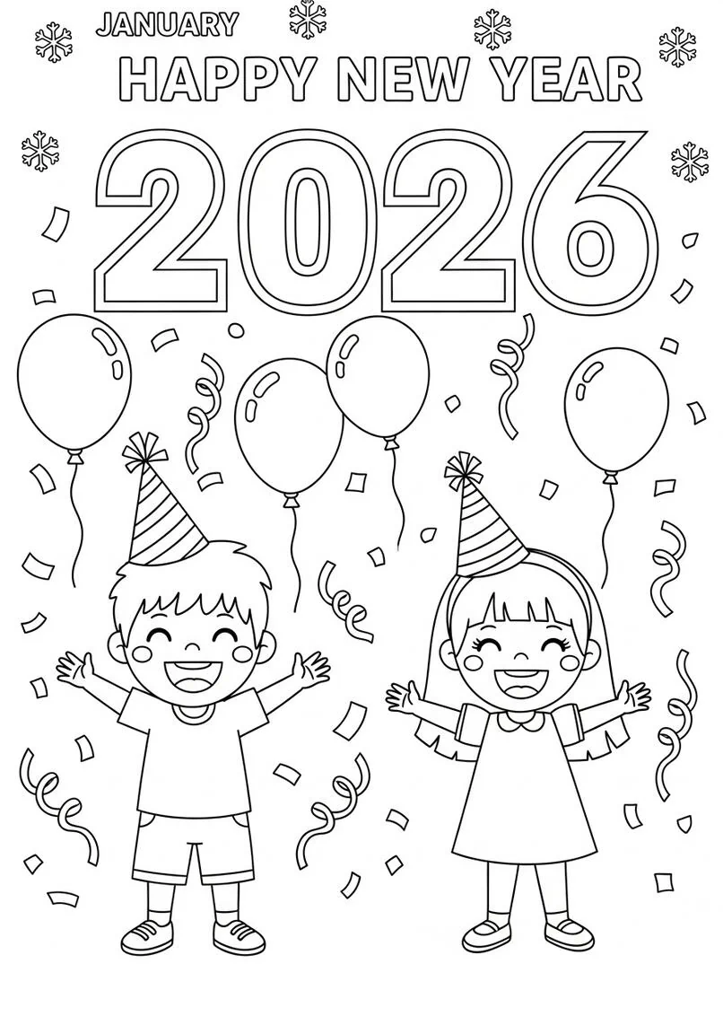 Alegre fiesta de año nuevo 2026 con niños y confeti