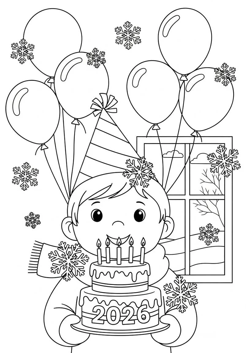 Fiesta de cumpleaños de invierno infantil alegre con pastel y globos