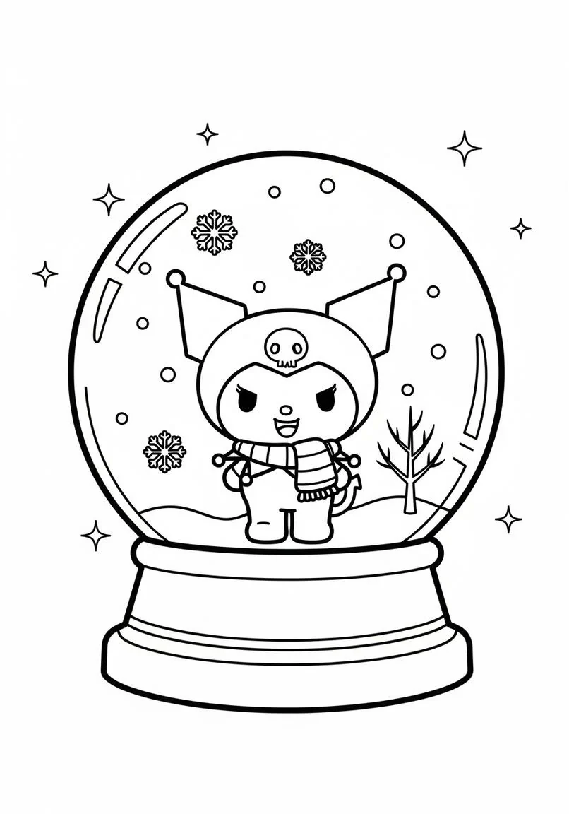 Página para colorear de invierno del alegre globo de nieve Kuromi