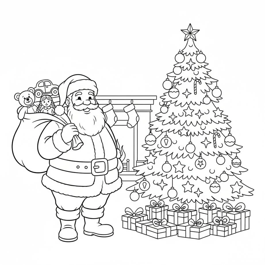 Página para colorear del alegre Papá Noel y el árbol de Navidad con regalos