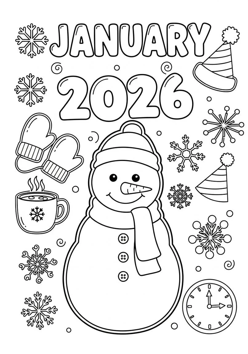 Alegres garabatos de enero con muñeco de nieve y diversión de Año Nuevo