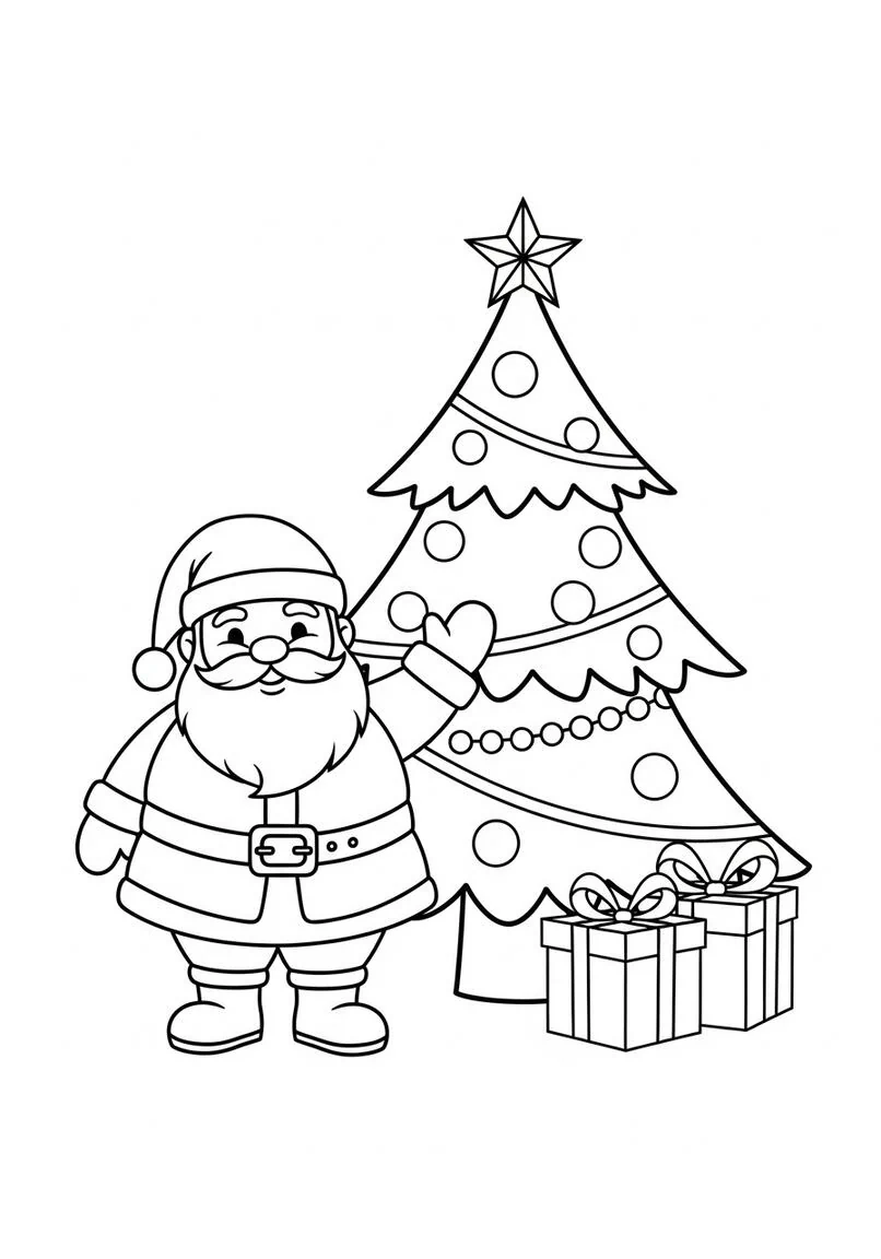 Página para colorear de Papá Noel amigable y árbol de Navidad con regalos