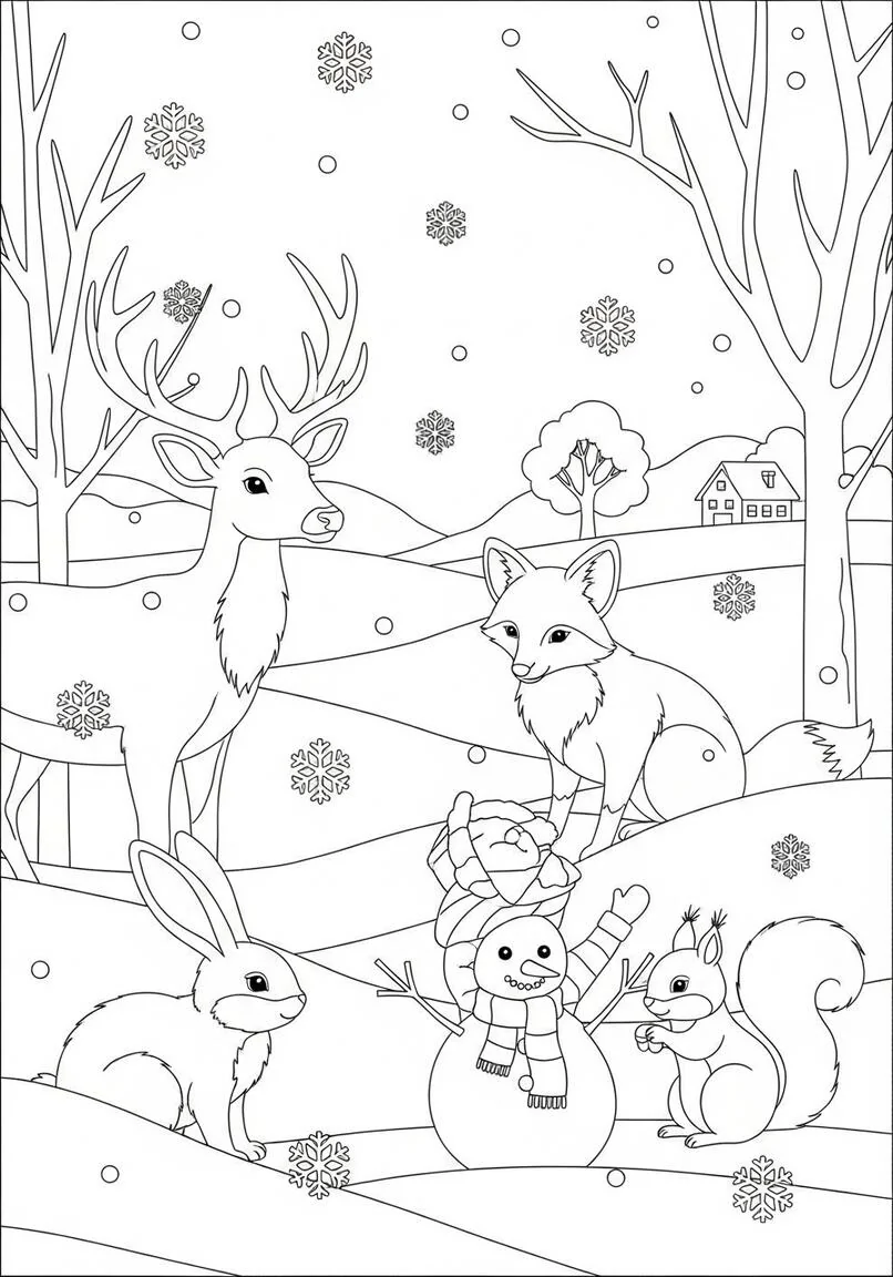 Dibujos de animales del bosque en la nieve para colorear