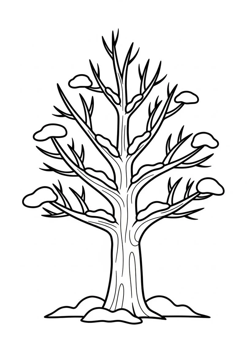 Robusto árbol de invierno con nieve para colorear