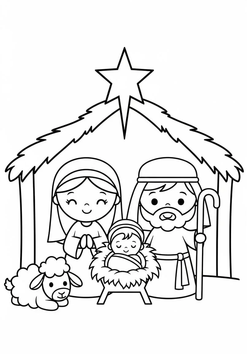 Página para colorear de pesebre navideño sencillo