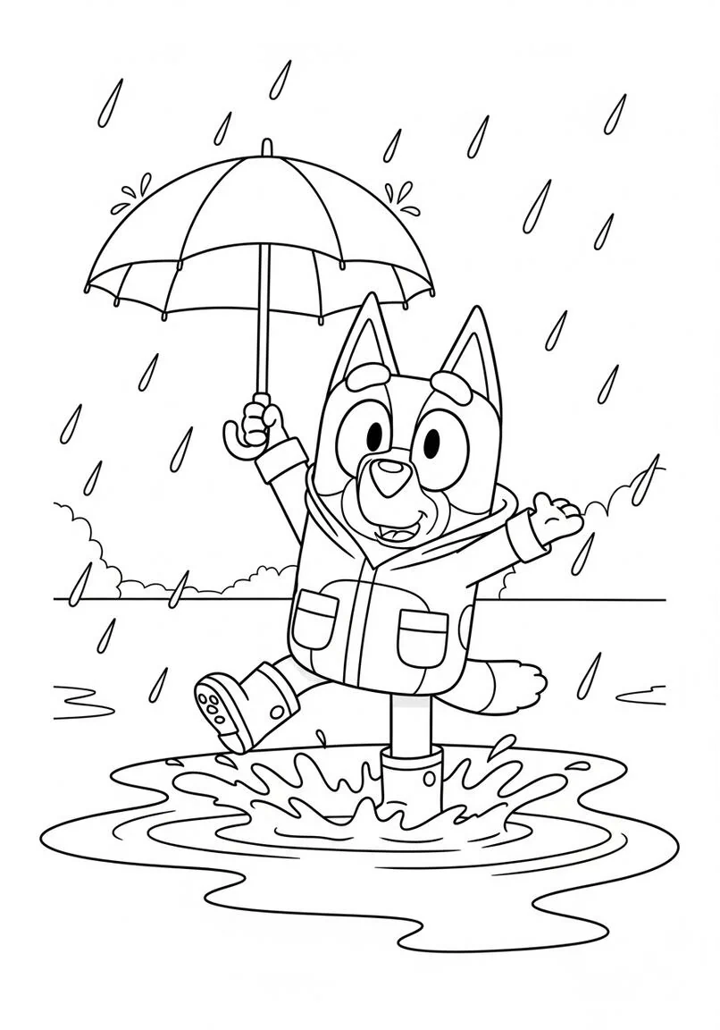 Bluey Página para colorear de Heeler chapoteando en un charco con paraguas