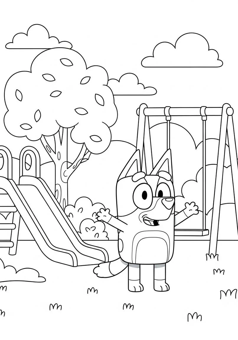 Bluey Página para colorear jugando en el parque