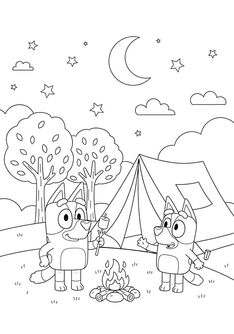 Página para colorear de Bluey y Bingo Camping Adventure