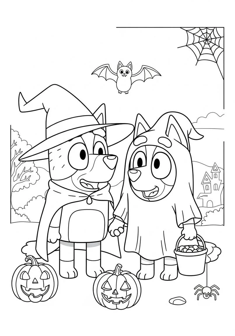 Página para colorear de disfraces de Halloween de Bluey y Bingo