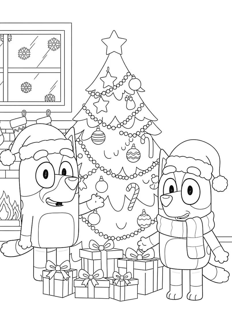 Bluey y Bingo Página para colorear de la escena festiva del árbol de Navidad