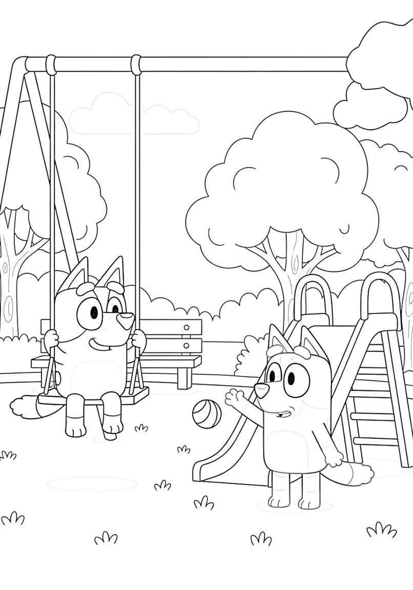 Bluey y Bingo Park Adventure: página para colorear de columpios y toboganes