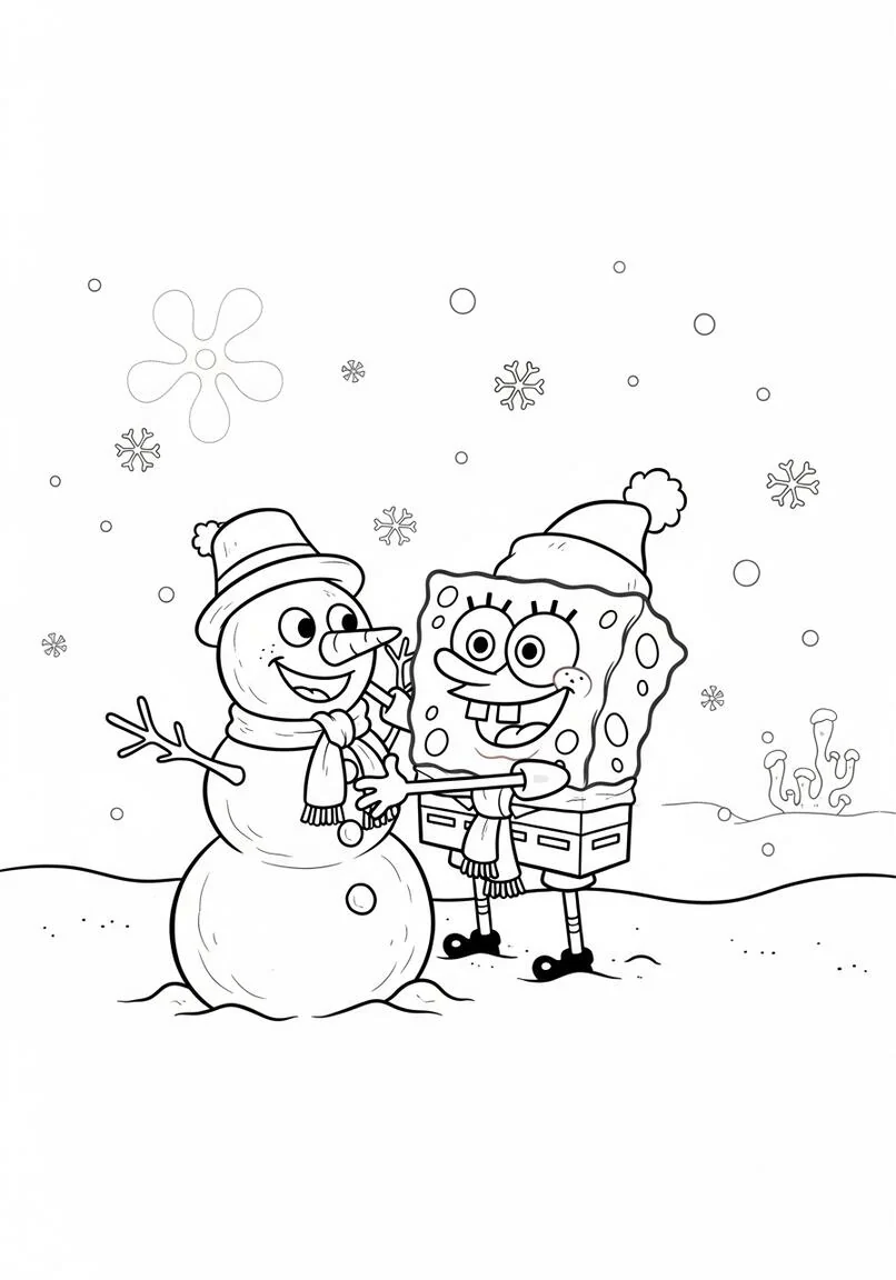 Página para colorear divertida de Bob Esponja, muñeco de nieve de invierno