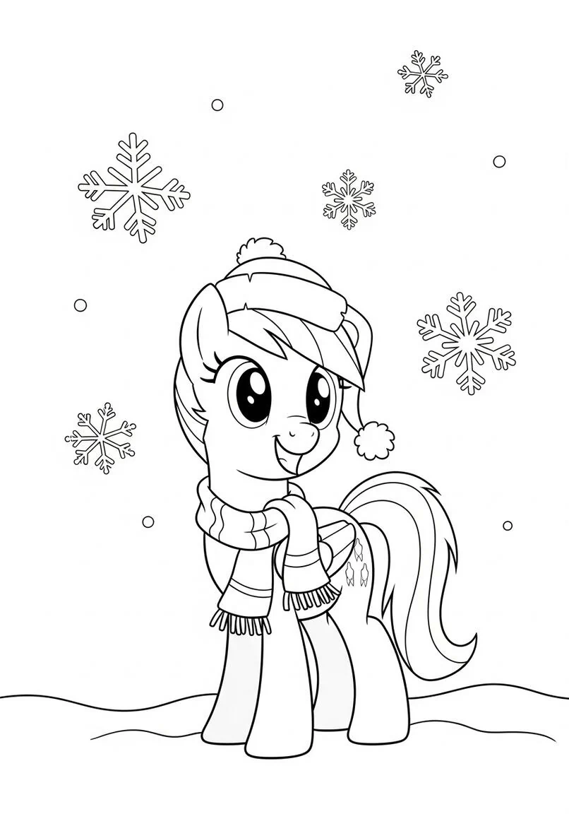 Página para colorear de bufanda y gorro de invierno de My Little Pony, copos de nieve