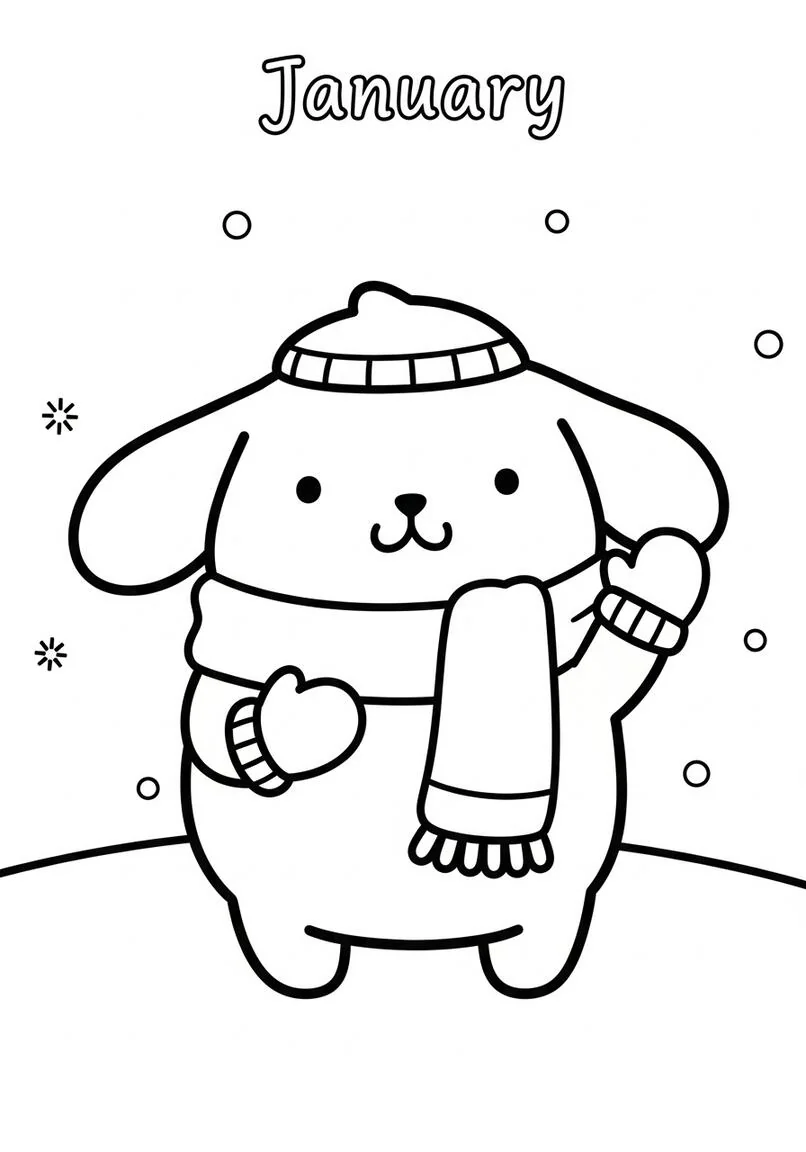 Página para colorear de bufanda y manoplas de invierno de Pompompurin