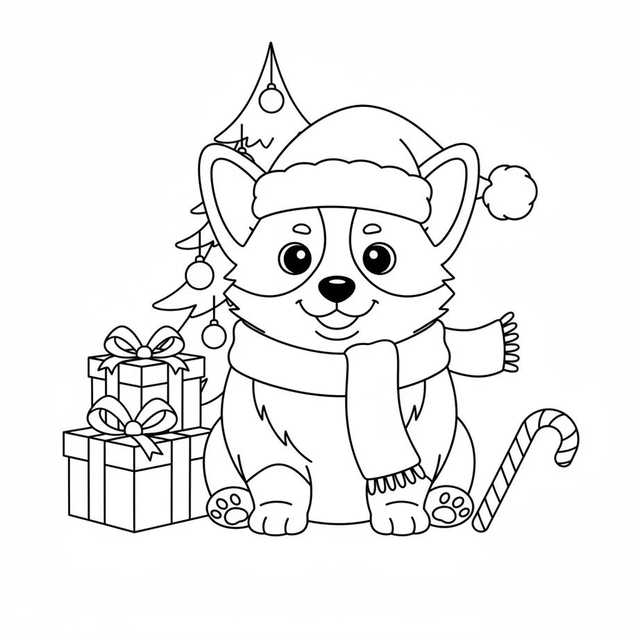 Página para colorear de cachorro Corgi navideño con gorro de Papá Noel y regalos