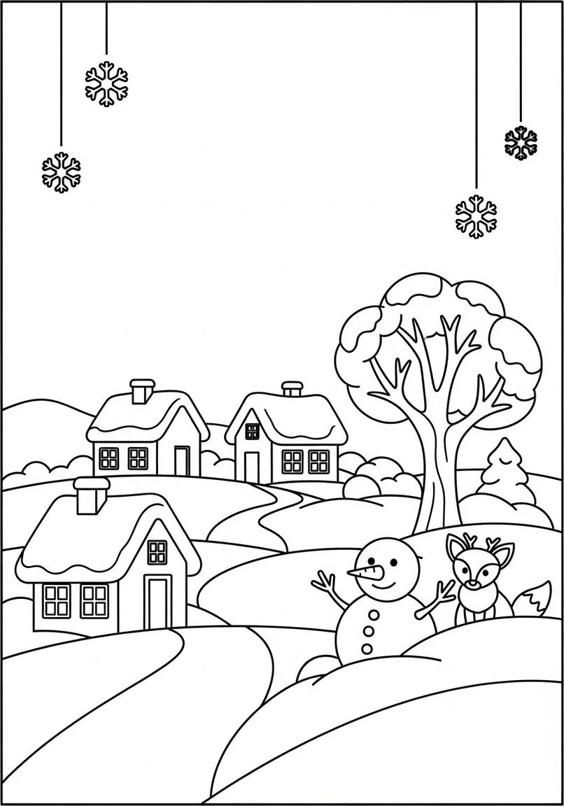 Página para colorear caprichosa del muñeco de nieve del país de las maravillas invernales