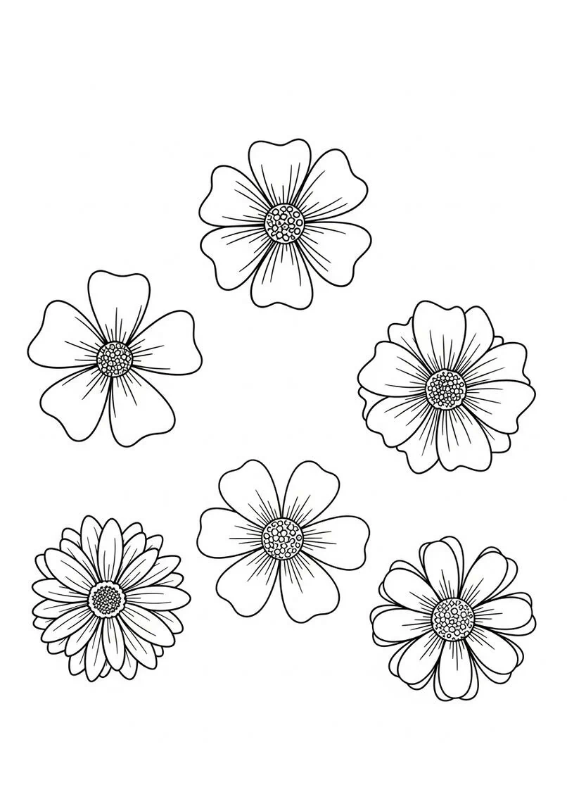 Página para colorear de cinco florecitas