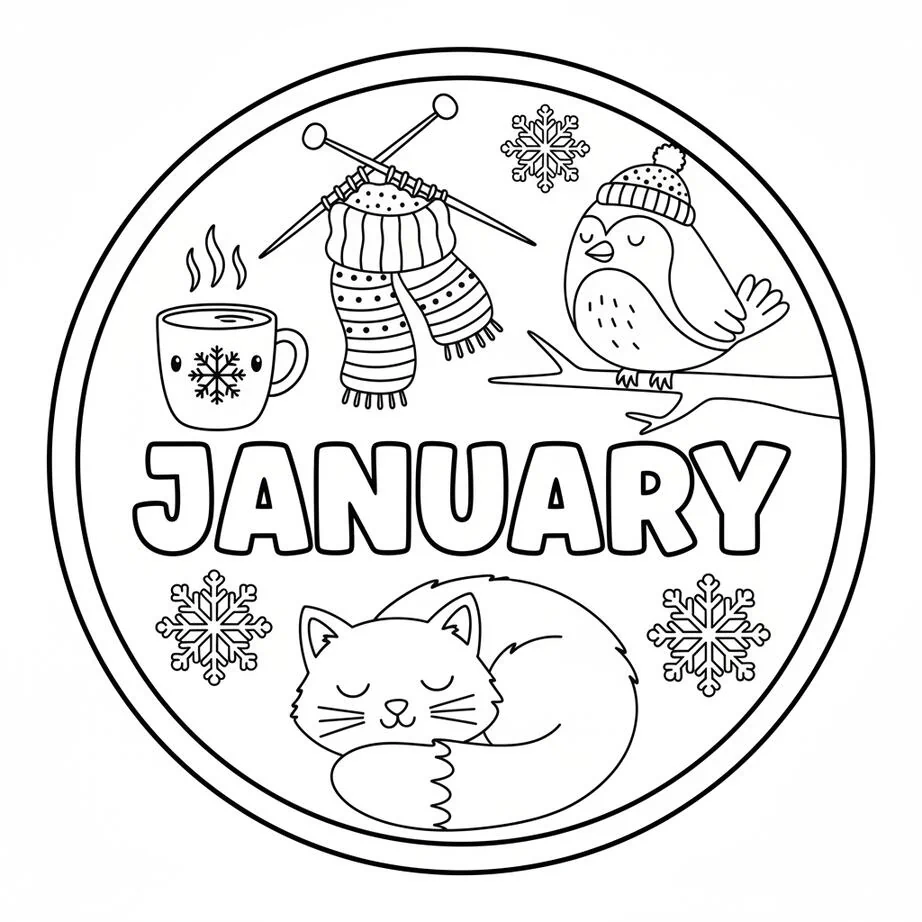 El círculo acogedor de enero: Knitting, Robin y Sleeping Cat