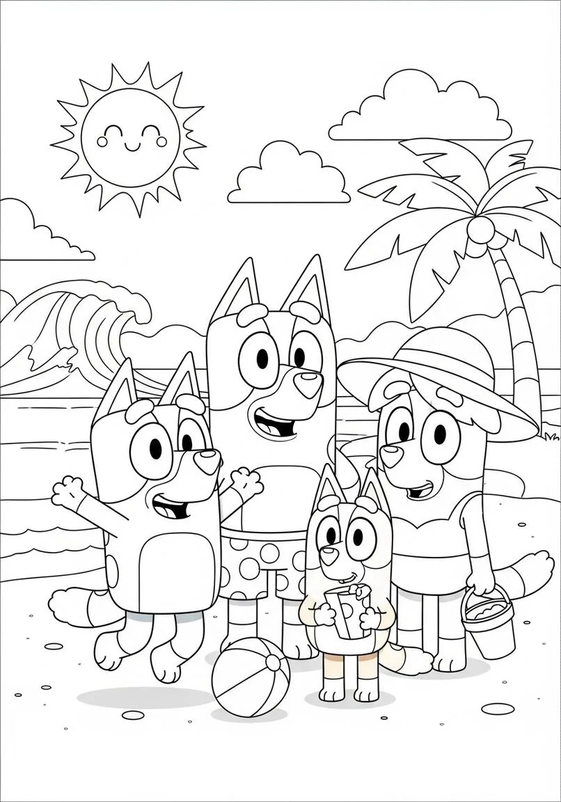 Bluey Página para colorear de vacaciones familiares en la playa