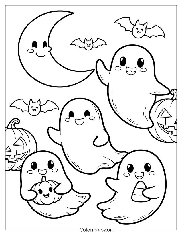 Página para colorear de fantasmas de Halloween fácil