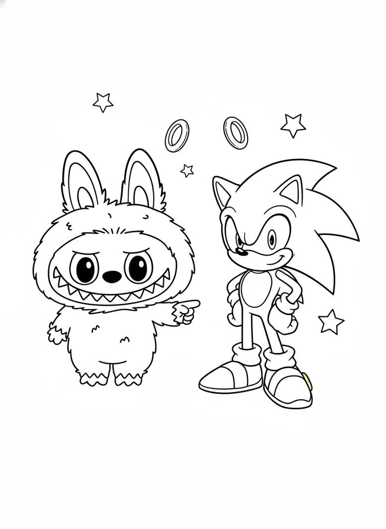 Labubu y página para colorear de Sonic