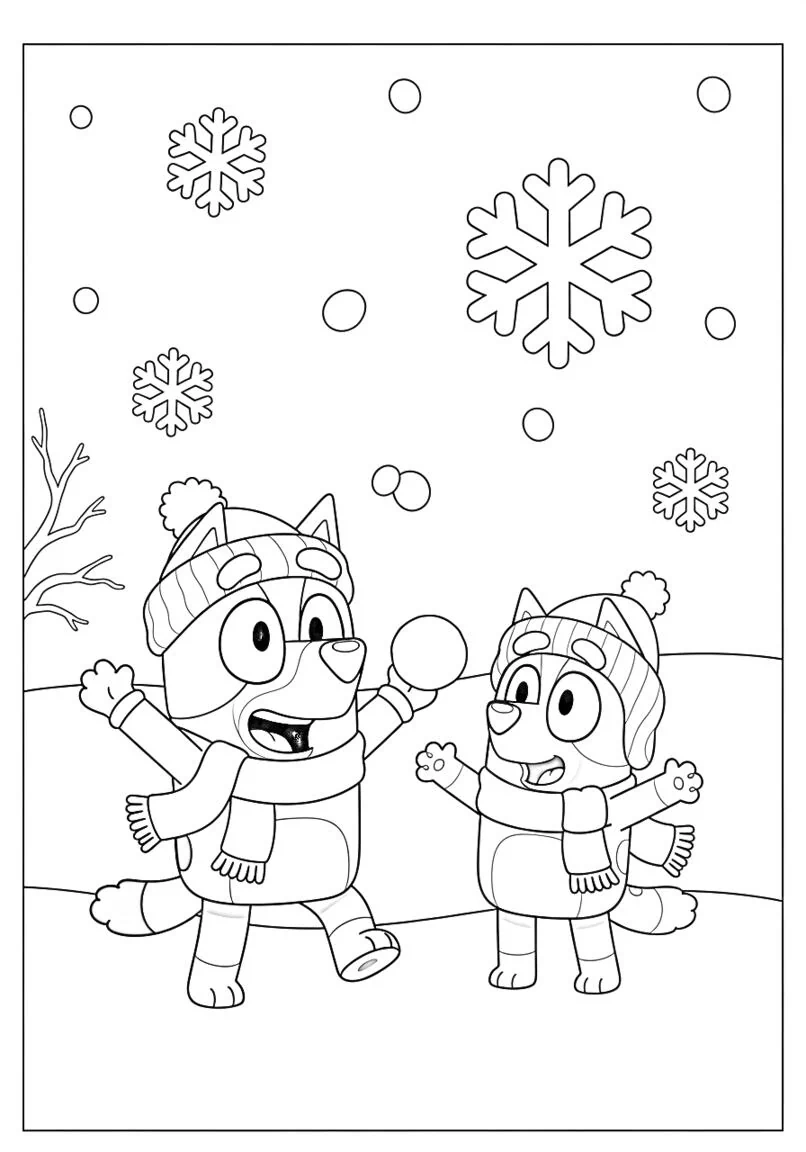 Página para colorear del día de nieve de Bluey y Bingo