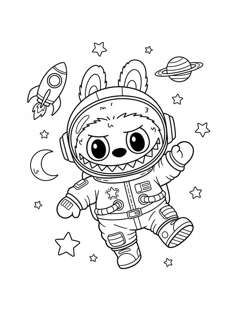 Labubu página para colorear de aventura espacial