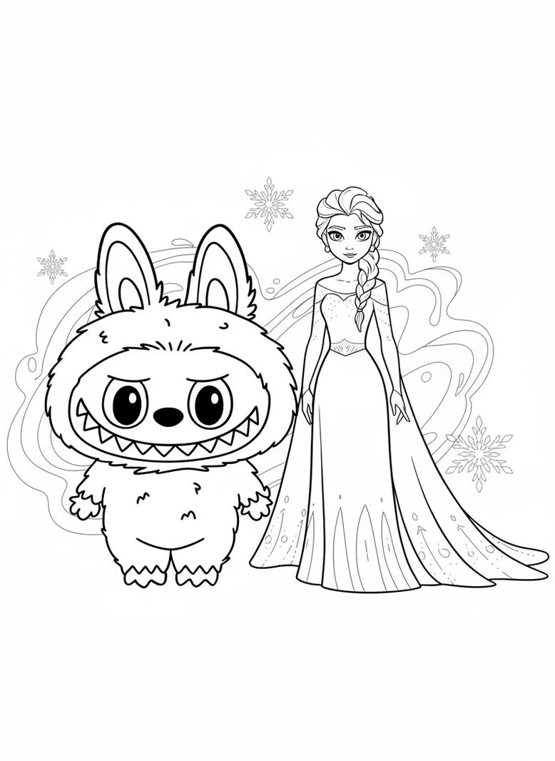 Dibujo para colorear de Labubu y elsa