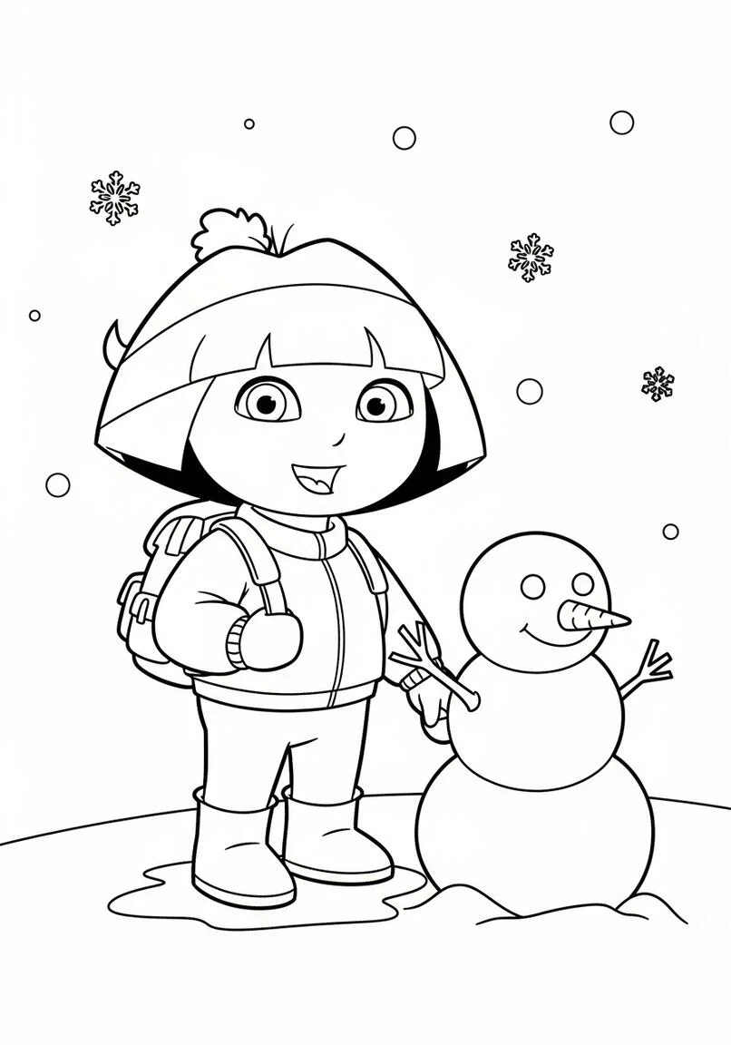 Página para colorear de Dora la Exploradora Día de nieve con muñeco de nieve