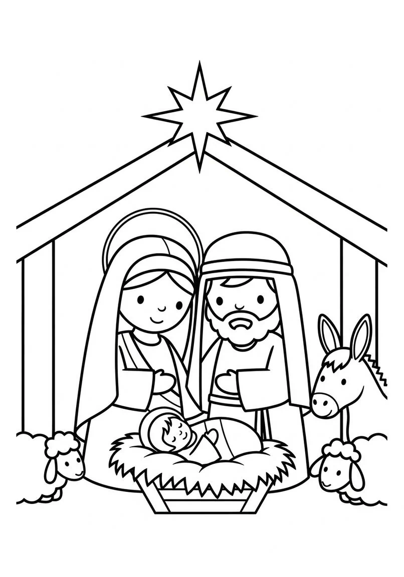 Página para colorear de la escena navideña del pesebre del Niño Jesús