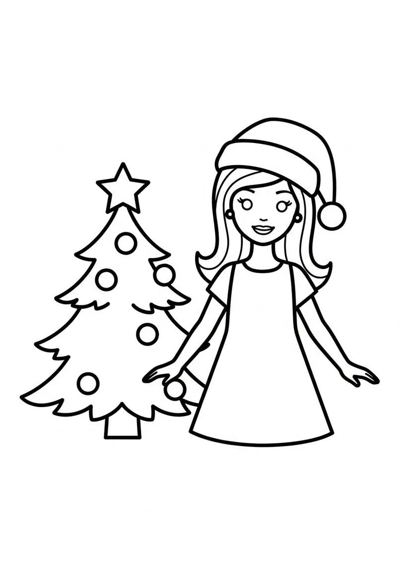 Página para colorear de escena navideña sencilla de Barbie